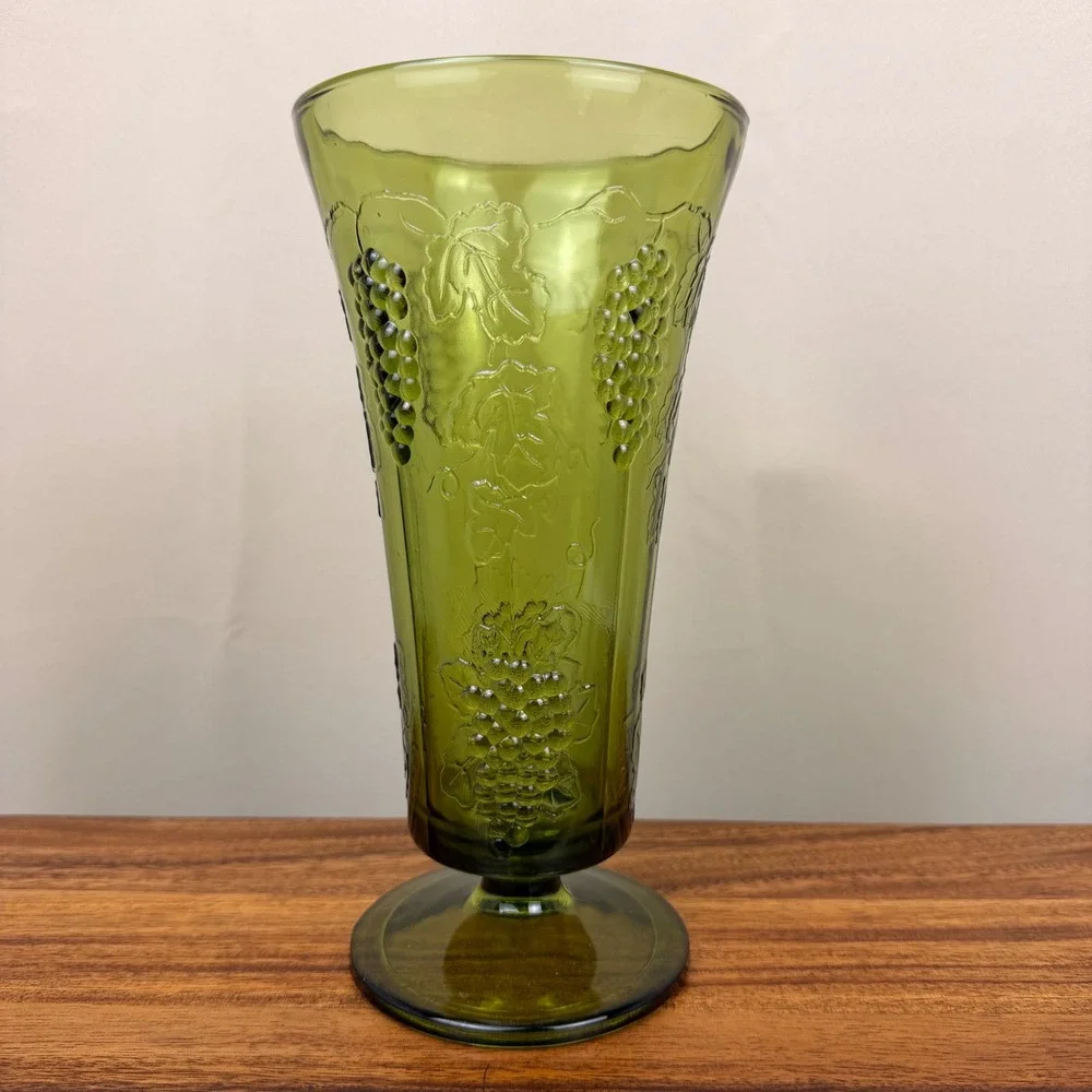 Vintage Avocado Green Indiana Glass Grape Harvest Footed Vase Mid Century 8.25in